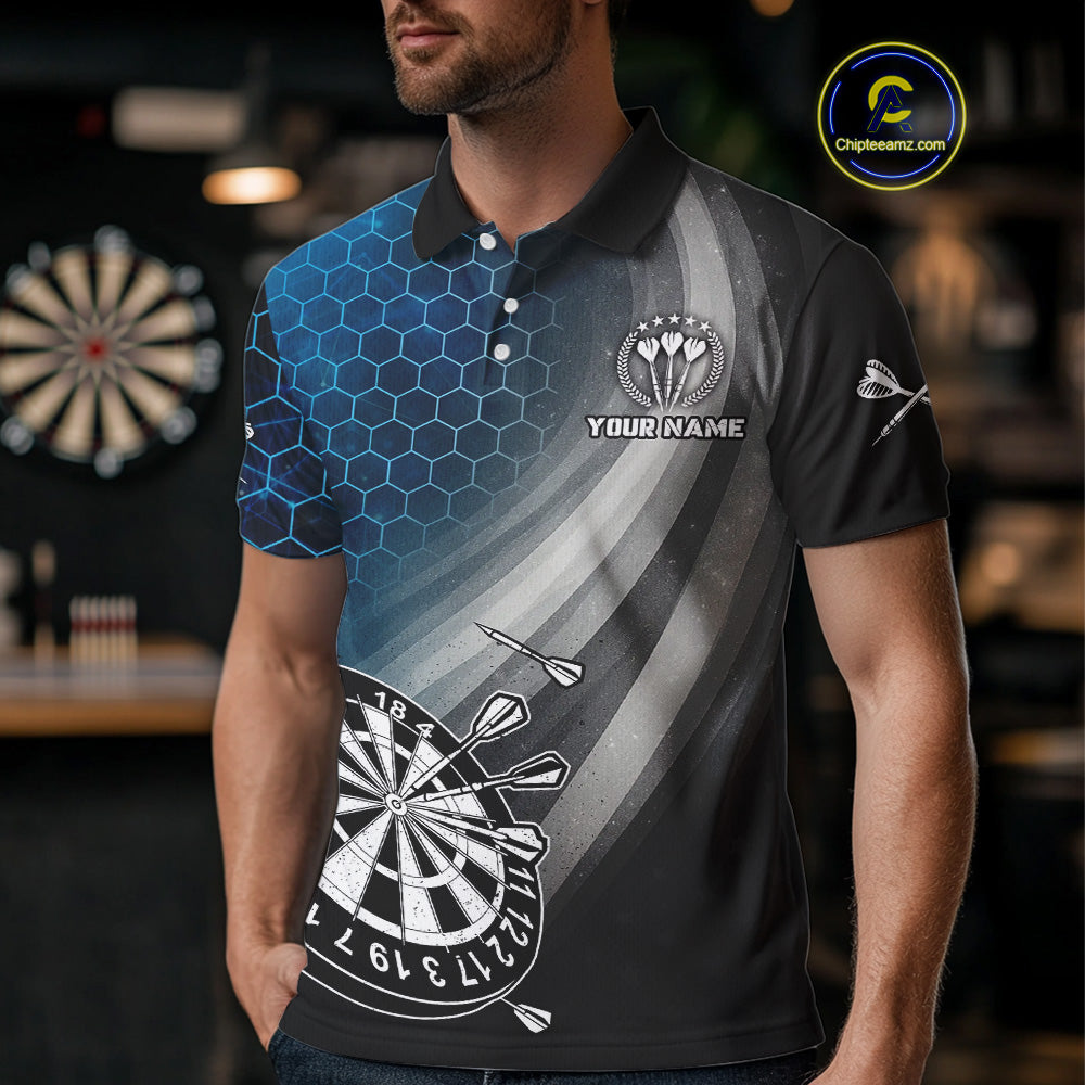 Custom Men's Dart Shirt – Black Blue Hexagon Design Darts Team Jersey | Polo & Quarter Zip Uniform TDM4074