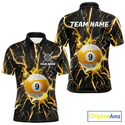 Black polo shirt with yellow lightning design and 9 ball graphic, customizable name and team name