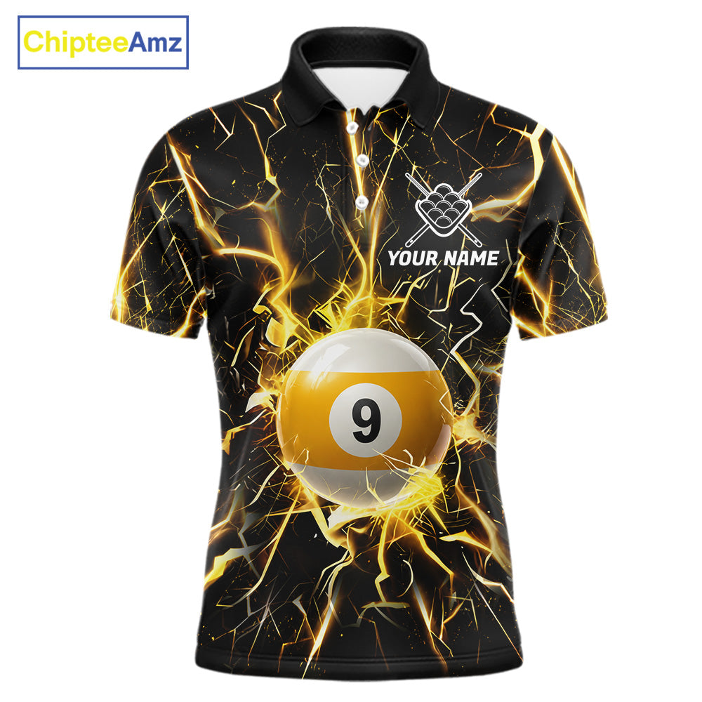 Black polo shirt with yellow lightning design and 9 ball graphic, customizable name and team name