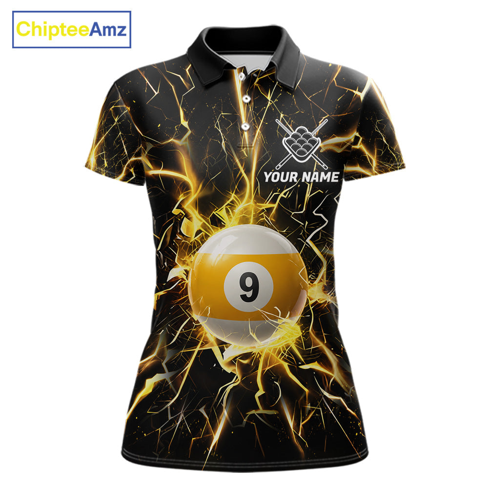 Black polo shirt with yellow lightning design and 9 ball graphic, customizable name and team name