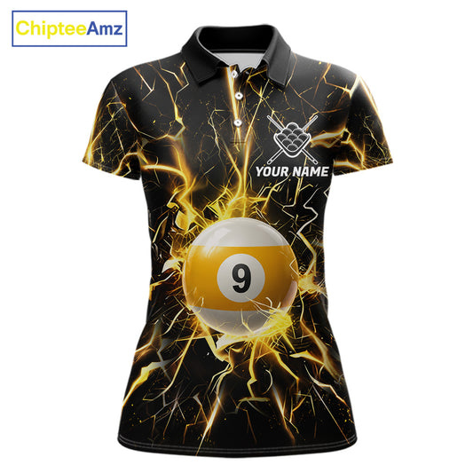 Black polo shirt with yellow lightning design and 9 ball graphic, customizable name and team name