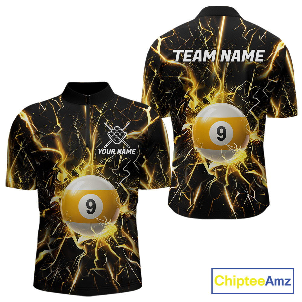 Black quarter zip shirt with yellow lightning design and 9 ball graphic, customizable name and team name