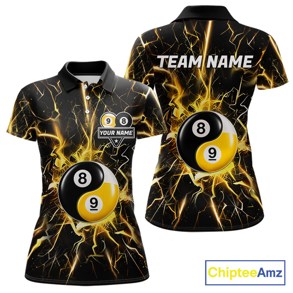 Black polo shirt with yellow lightning design and 8 ball 9 ball graphic, customizable name and team name
