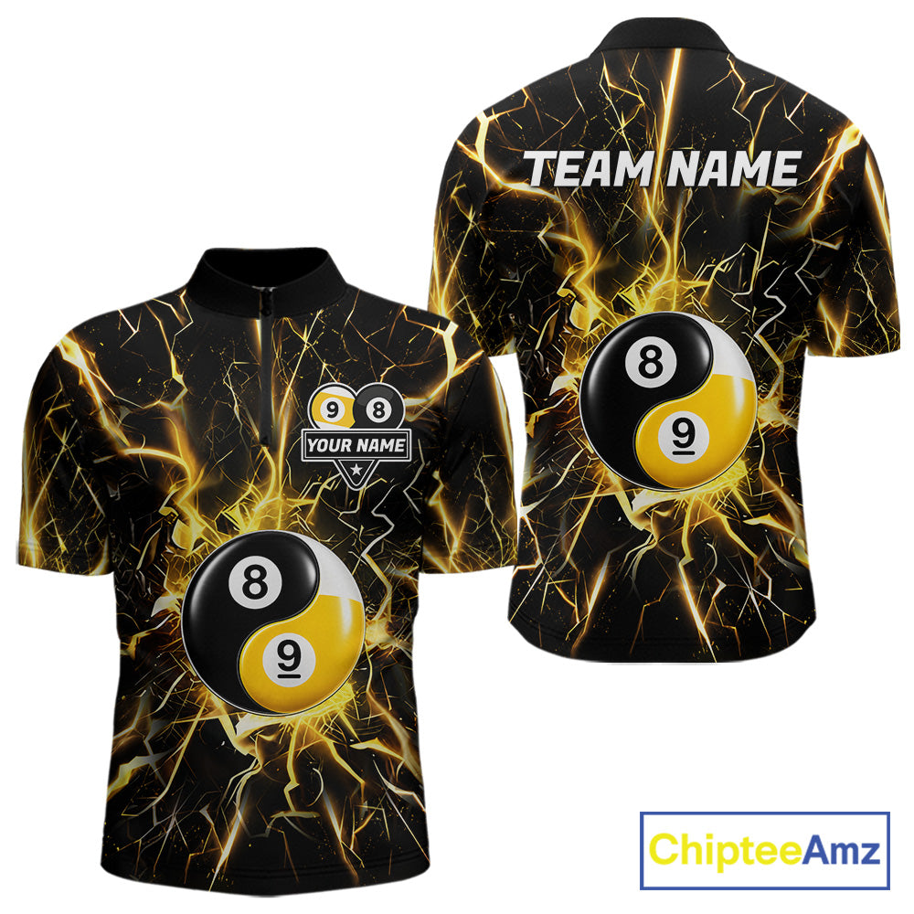 Black quarter zip shirt with yellow lightning design and 8 ball 9 ball graphic, customizable name and team name