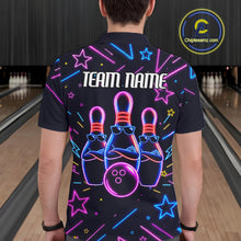 Load image into Gallery viewer, Back view of man wearing a purple funny neon bowling polo shirt, custom bowling team jersey design.