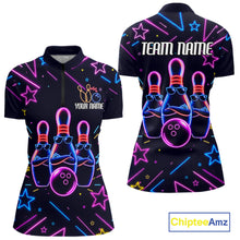 Load image into Gallery viewer, Purple funny neon quarter zip bowling shirt for women.