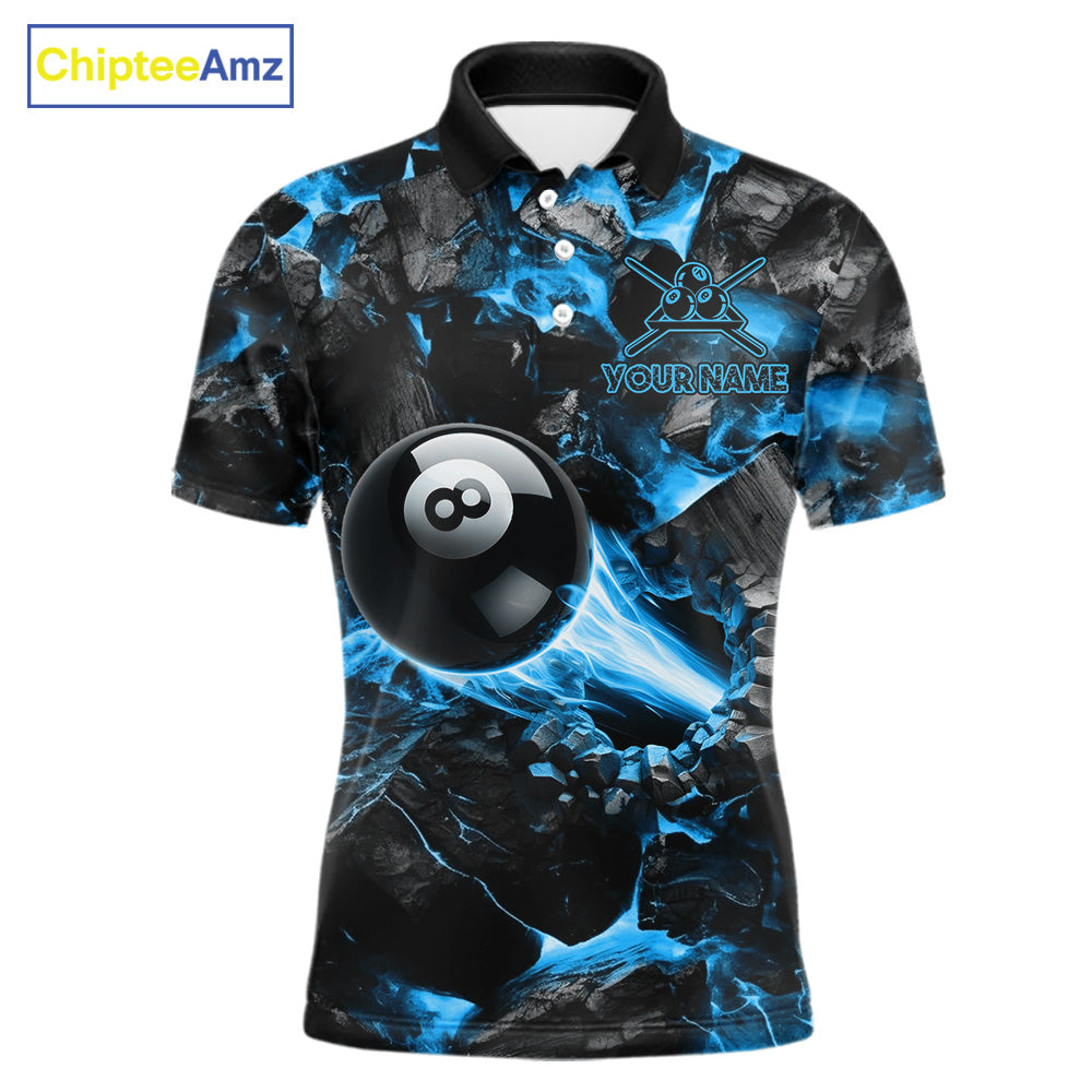 Personalized Blue 8 Ball 9 Ball Fire Billiard Polo Shirt Featuring Bold Flame Artwork for Pool League Players, Team Competition, and Tournament Events