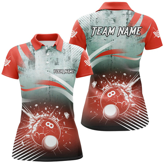 Personalized Red Grunge Break 8 Ball Billiard Shirts For Women, Retro Team League Billiard Jerseys TDM2345