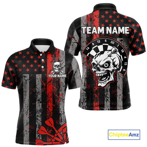 Personalized Red Grunge US Flag Skull Darts Shirt For Men Custom Patriotic Darts Team Jersey TDM4882
