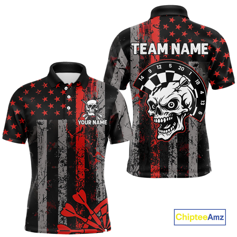 Personalized Red Grunge US Flag Skull Darts Shirt For Men Custom Patriotic Darts Team Jersey TDM4882
