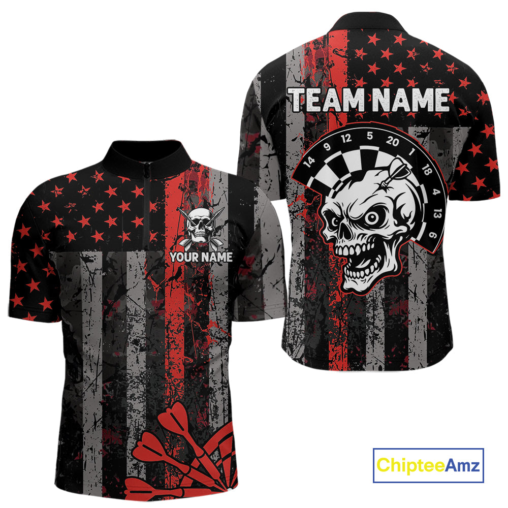 Personalized Red Grunge US Flag Skull Darts Shirt For Men Custom Patriotic Darts Team Jersey TDM4882