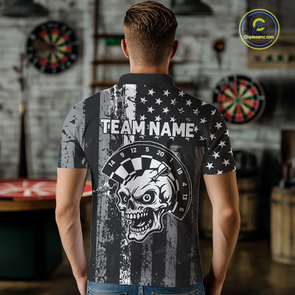 Personalized White Black Grunge US Flag Skull Darts Shirt For Men Custom Patriotic Darts Jersey TDM4883