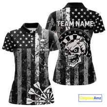Load image into Gallery viewer, Personalized White Black Grunge US Flag Skull Darts Shirt For Women Custom Patriotic Darts Jersey TDM4883