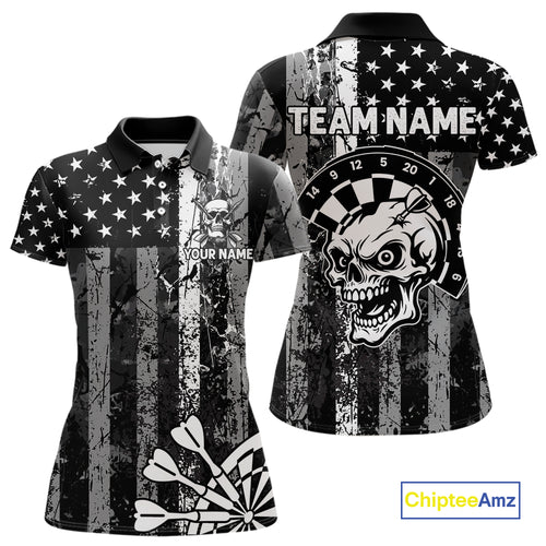 Personalized White Black Grunge US Flag Skull Darts Shirt For Women Custom Patriotic Darts Jersey TDM4883