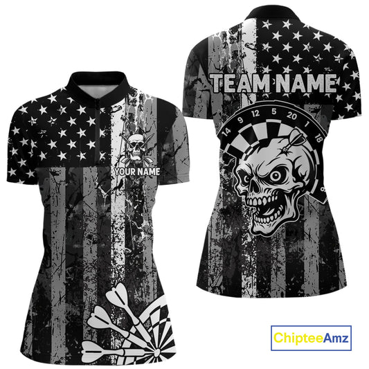 Personalized White Black Grunge US Flag Skull Darts Shirt For Women Custom Patriotic Darts Jersey TDM4883
