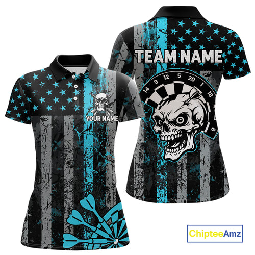 Personalized Blue Grunge US Flag Skull Darts Shirt For Women Custom Patriotic Darts Team Jersey TDM4885