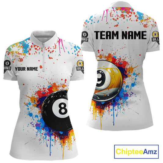 Funny 8 Ball & 9 Ball Colorful Splash Billiard Shirt For Women Custom Billiard Team Jersey |White TDM5581