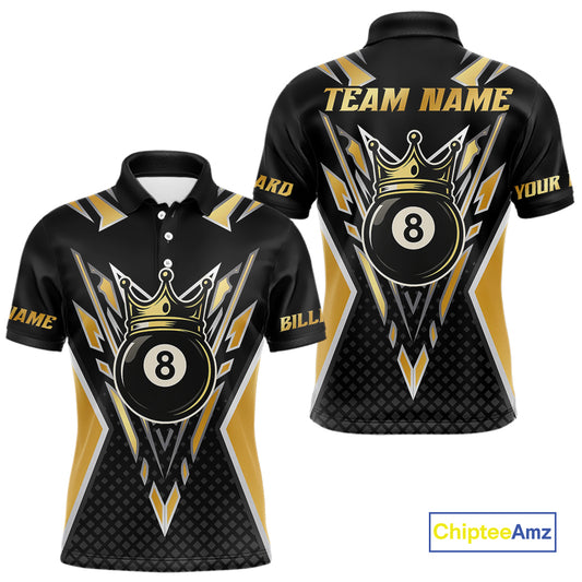 Customized 8 Ball Pool Crown Men Billiard Shirts, Gold And Black Billiard Team Shirts, Pool Jersey TDM4078