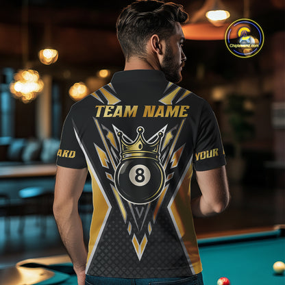 Customized 8 Ball Pool Crown Men Billiard Shirts, Gold And Black Billiard Team Shirts, Pool Jersey TDM4078