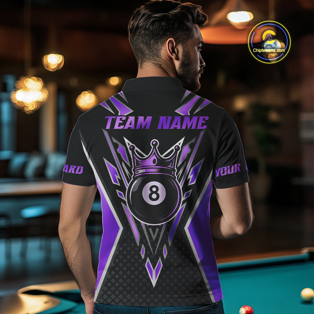 Customized 8 Ball Pool Crown Men Billiard Shirt, Black And Purple Billiard Team Shirt, Pool Jersey TDM4080