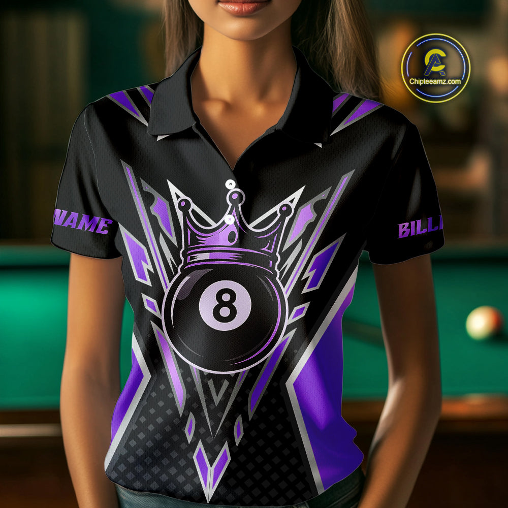 Customized 8 Ball Pool Crown Women Billiard Shirt, Black And Purple Billiard Team Shirt, Pool Jersey TDM4080
