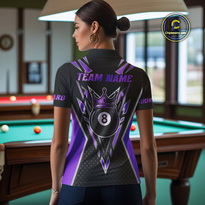 Customized 8 Ball Pool Crown Women Billiard Shirt, Black And Purple Billiard Team Shirt, Pool Jersey TDM4080