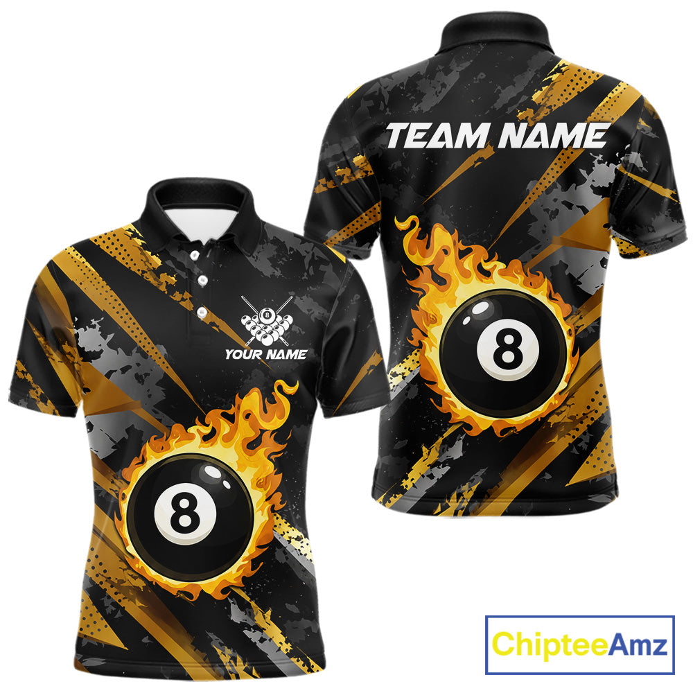 Black and gold billiard polo shirt for men with flaming 8-ball design and customizable team name and player name details.