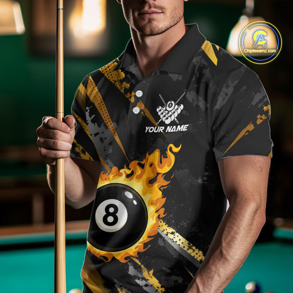 Gold Black Grunge Flame 8 Ball Billiard Shirts For Men Custom Pool Team Jersey Polo & 1/4 Zip TDM6619
