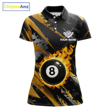 Load image into Gallery viewer, Black and gold billiard polo shirt for women with flaming 8-ball design and customizable team name and player name details.