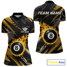 Load image into Gallery viewer, Black and gold billiard quarter zip shirt for women with flaming 8-ball design and customizable team name and player name details.