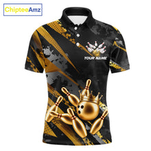 Load image into Gallery viewer, Bowling-themed polo shirt for men with gold bowling pins and crown design on a black background, featuring customizable "Your Name" and "Team Name" text for a personalized look.