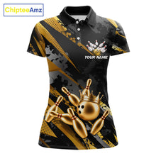 Load image into Gallery viewer, Bowling-themed polo shirt for women with gold bowling pins and crown design on a black background, featuring customizable "Your Name" and "Team Name" text for a personalized look.