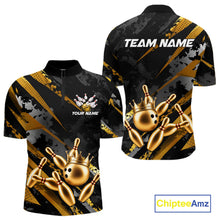 Load image into Gallery viewer, Bowling-themed quarter zip shirt for men with gold bowling pins and crown design on a black background, featuring customizable "Your Name" and "Team Name" text for a personalized look.