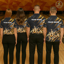 Load image into Gallery viewer, Four people wearing matching bowling team shirts with 'Team Name' text at a bowling alley.