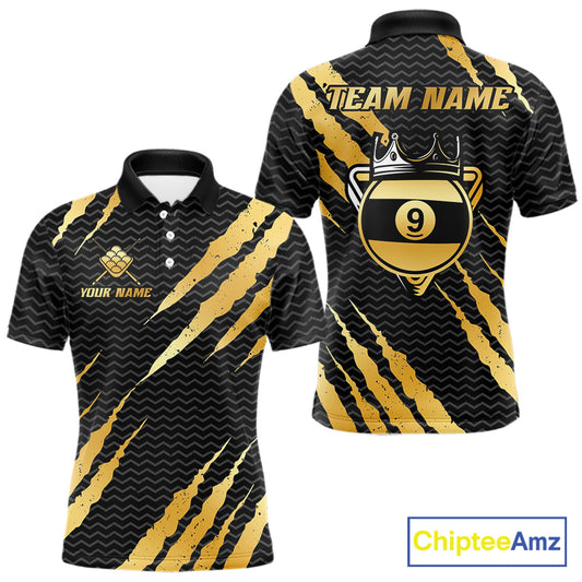 Black and gold billiard polo shirt with 'Team Name' and 'Your Name' text, featuring a crown 9-ball design.
