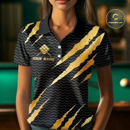 Black And Gold Scratch Billiard Shirts For Women Custom 9 Ball Crown Pool Team Jersey Polo & 1/4 Zip TDM6622