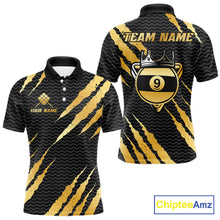 Load image into Gallery viewer, Black and gold billiard polo shirt with 'Team Name' and 'Your Name' text, featuring a crown 9-ball design.