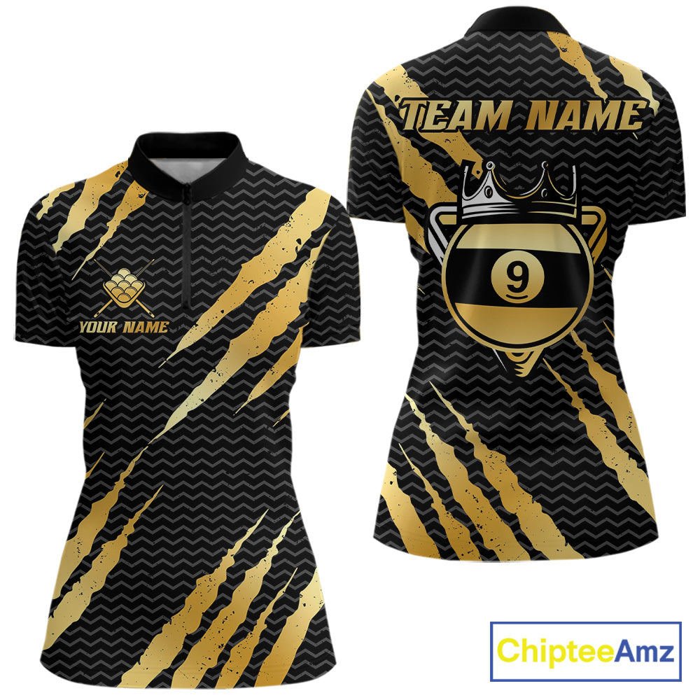Black and gold billiard quarter zip shirt with 'Team Name' and 'Your Name' text, featuring a crown 9-ball design.