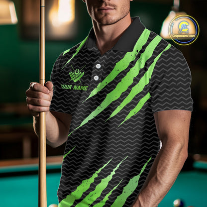 Black And Green Scratch Billiard Shirts For Men Custom 8 Ball Crown Pool Team Jersey Polo & 1/4 Zip TDM6623