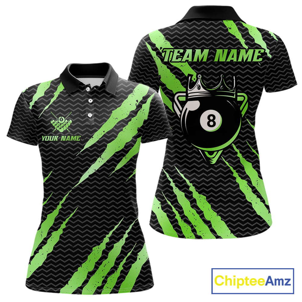 Black and green billiard polo shirt with 'Team Name' and 'Your Name' text, featuring a crown 8-ball design.