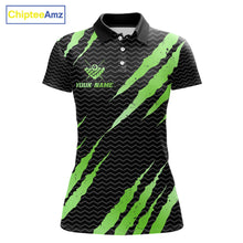Load image into Gallery viewer, Black and green billiard polo shirt with 'Team Name' and 'Your Name' text, featuring a 8-ball design.