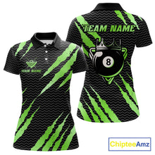 Load image into Gallery viewer, Black and green billiard polo shirt with 'Team Name' and 'Your Name' text, featuring a crown 8-ball design.