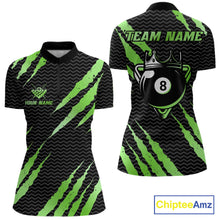Load image into Gallery viewer, Black and green billiard quarter zip shirt with 'Team Name' and 'Your Name' text, featuring a crown 8-ball design.