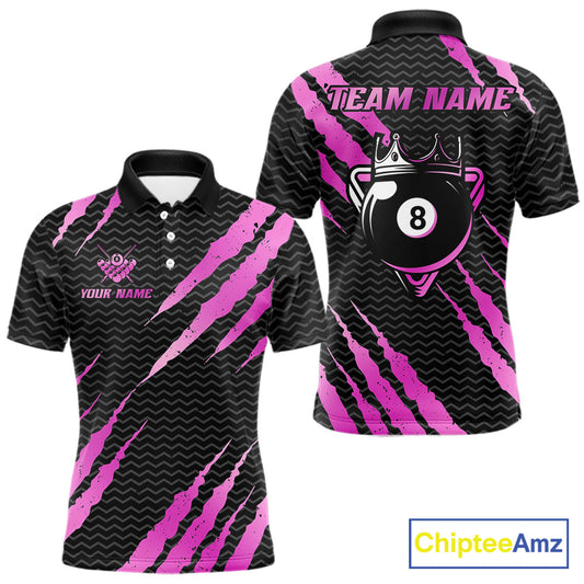 Black and pink billiard polo shirt with 'Team Name' and 'Your Name' text, featuring a crown 8-ball design.