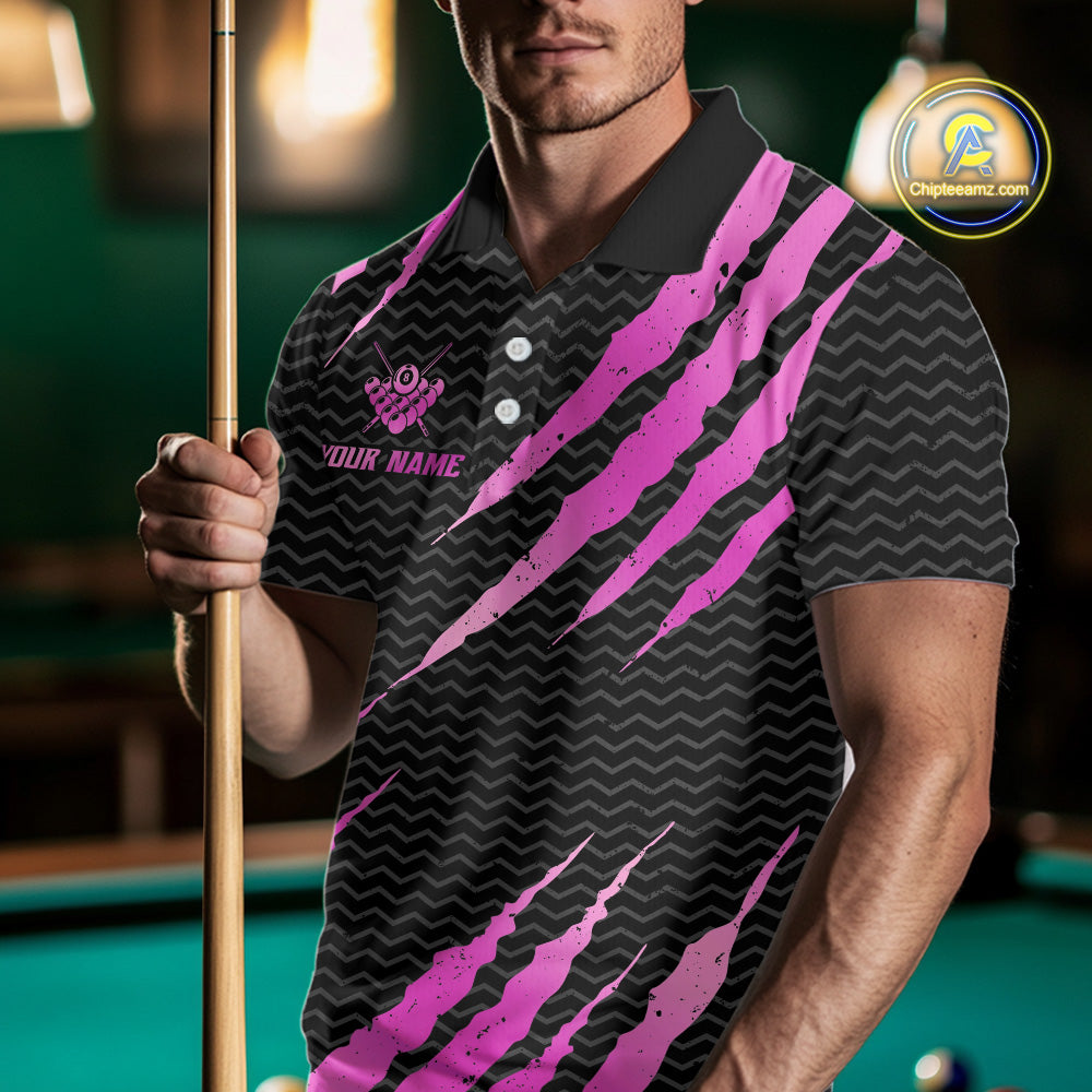 Pink And Black Scratch Billiard Shirts For Men Custom 8 Ball Crown Pool Team Jersey Polo & 1/4 Zip TDM6624