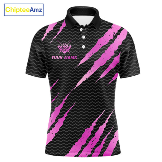 Black and pink billiard polo shirt with 'Team Name' and 'Your Name' text, featuring a 8-ball design.