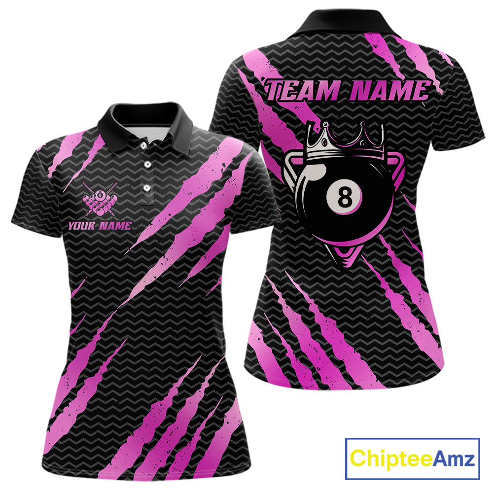 Black and pink billiard polo shirt with 'Team Name' and 'Your Name' text, featuring a crown 8-ball design.