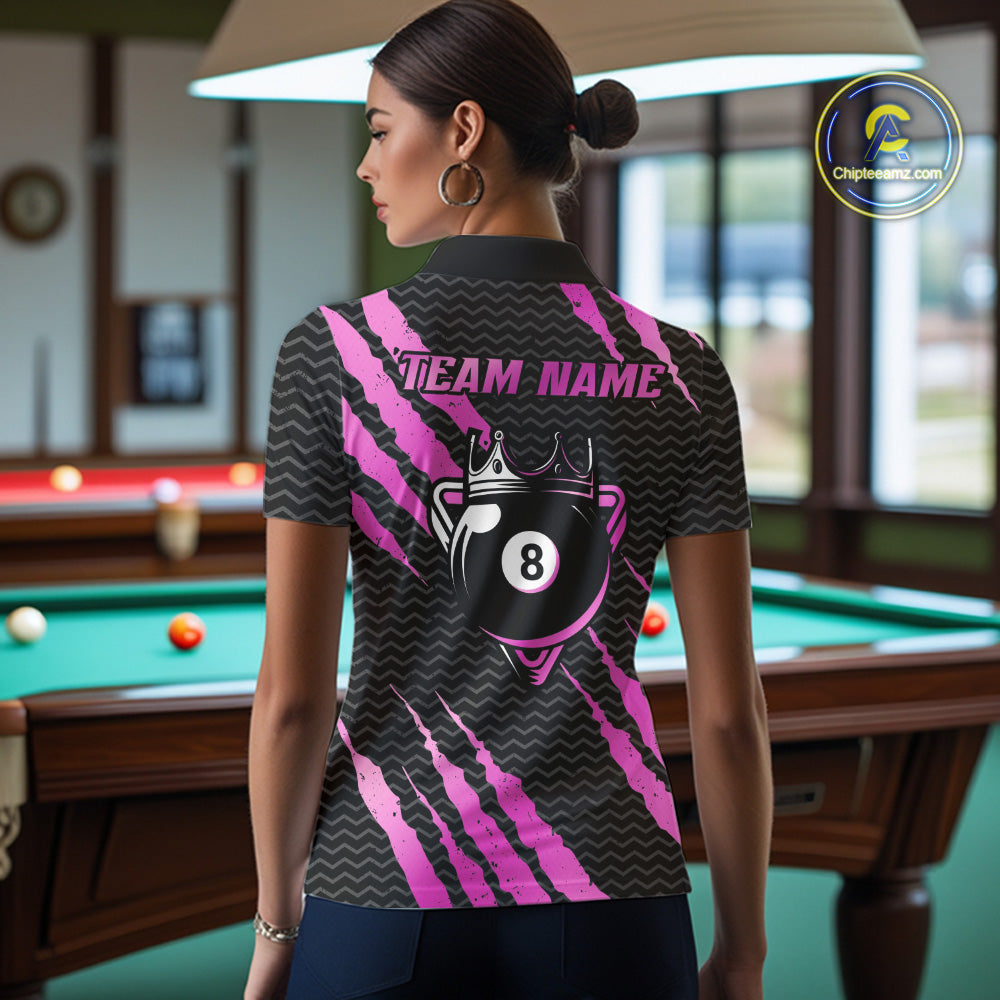 Pink And Black Scratch Billiard Shirts For Women Custom 8 Ball Crown Pool Team Jersey Polo & 1/4 Zip TDM6624