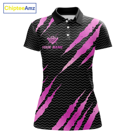 Black and pink billiard polo shirt with 'Team Name' and 'Your Name' text, featuring a 8-ball design.