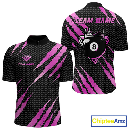 Black and pink billiard quarter zip shirt with 'Team Name' and 'Your Name' text, featuring a crown 8-ball design.